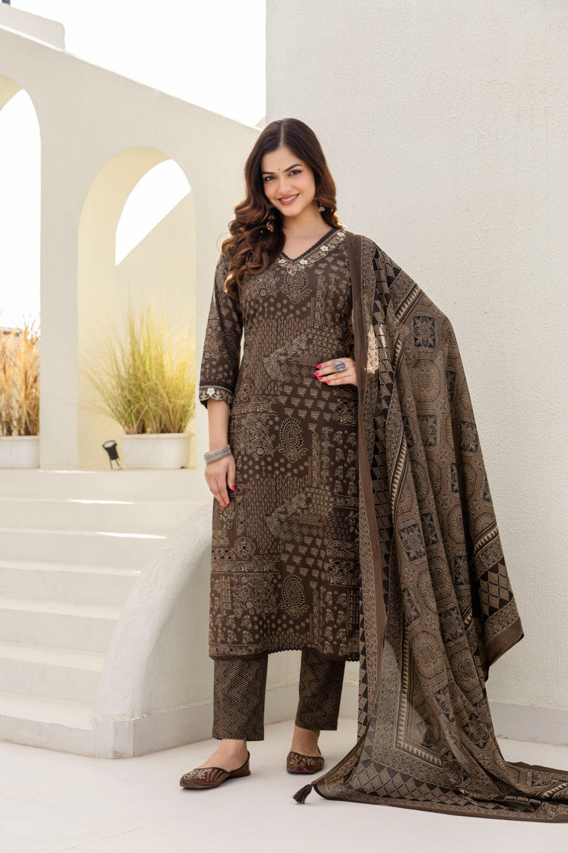 Cotton yoke embroidery straight Kurta Pants & Dupatta Set