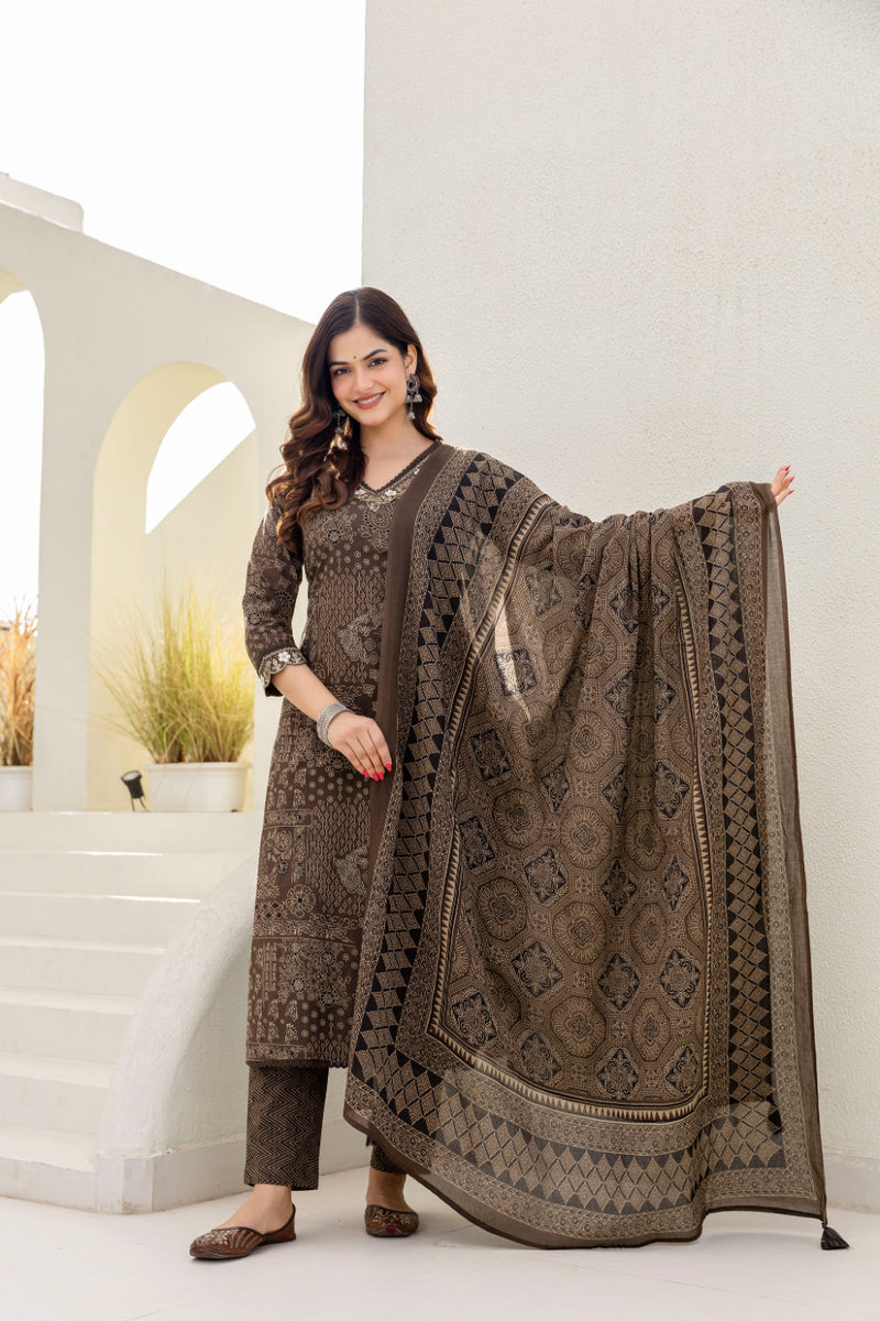 Cotton yoke embroidery straight Kurta Pants & Dupatta Set