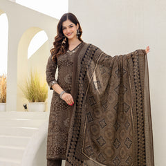 Cotton yoke embroidery straight Kurta Pants & Dupatta Set