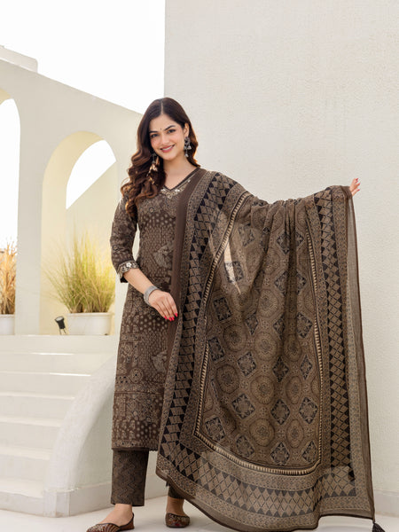 Cotton yoke embroidery straight Kurta Pants & Dupatta Set