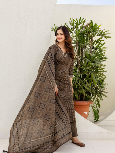 Cotton yoke embroidery straight Kurta Pants & Dupatta Set