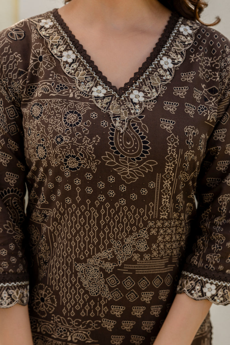 Cotton yoke embroidery straight Kurta Pants & Dupatta Set