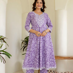 EthniFlair Floral Printed Empire Aari Work Kurta with Pyjamas & Dupatta