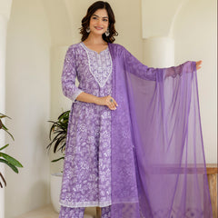 EthniFlair Floral Printed Empire Aari Work Kurta with Pyjamas & Dupatta