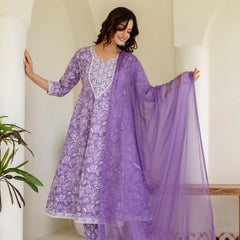 EthniFlair Floral Printed Empire Aari Work Kurta with Pyjamas & Dupatta