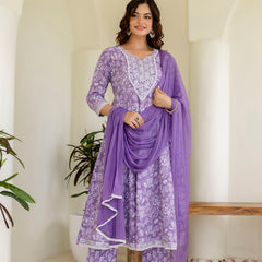 EthniFlair Floral Printed Empire Aari Work Kurta with Pyjamas & Dupatta