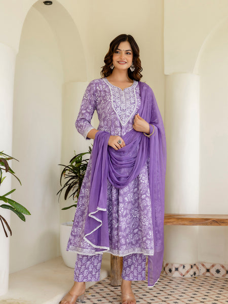 EthniFlair Floral Printed Empire Aari Work Kurta with Pyjamas & Dupatta