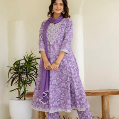 EthniFlair Floral Printed Empire Aari Work Kurta with Pyjamas & Dupatta