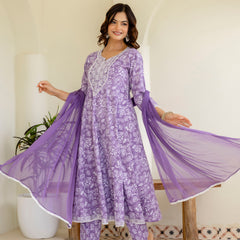 EthniFlair Floral Printed Empire Aari Work Kurta with Pyjamas & Dupatta