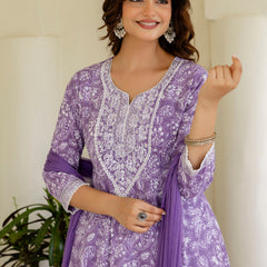 EthniFlair Floral Printed Empire Aari Work Kurta with Pyjamas & Dupatta