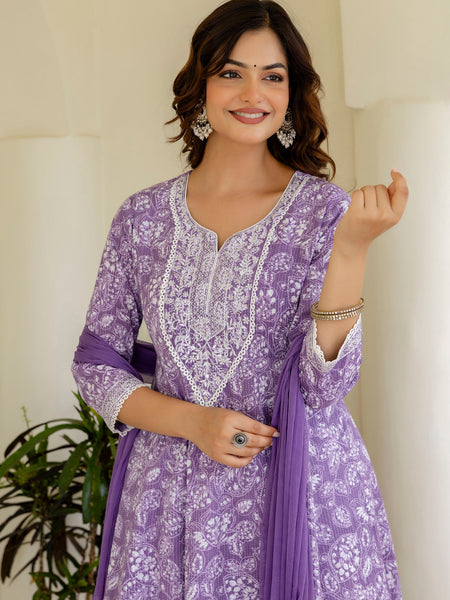 EthniFlair Floral Printed Empire Aari Work Kurta with Pyjamas & Dupatta