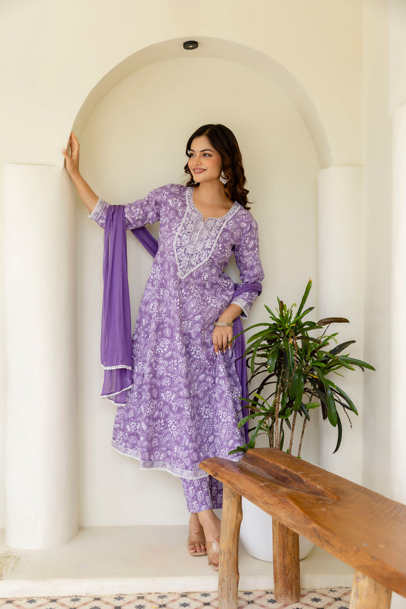 EthniFlair Floral Printed Empire Aari Work Kurta with Pyjamas & Dupatta