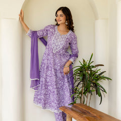 EthniFlair Floral Printed Empire Aari Work Kurta with Pyjamas & Dupatta