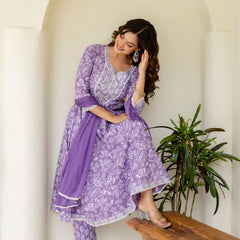 EthniFlair Floral Printed Empire Aari Work Kurta with Pyjamas & Dupatta