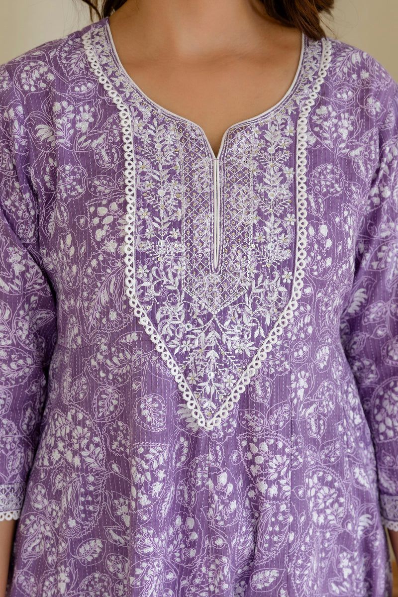 EthniFlair Floral Printed Empire Aari Work Kurta with Pyjamas & Dupatta