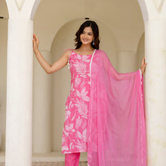 EthniFlair Floral Printed Sleeveless Straight Kurta With Trousers & Dupatta