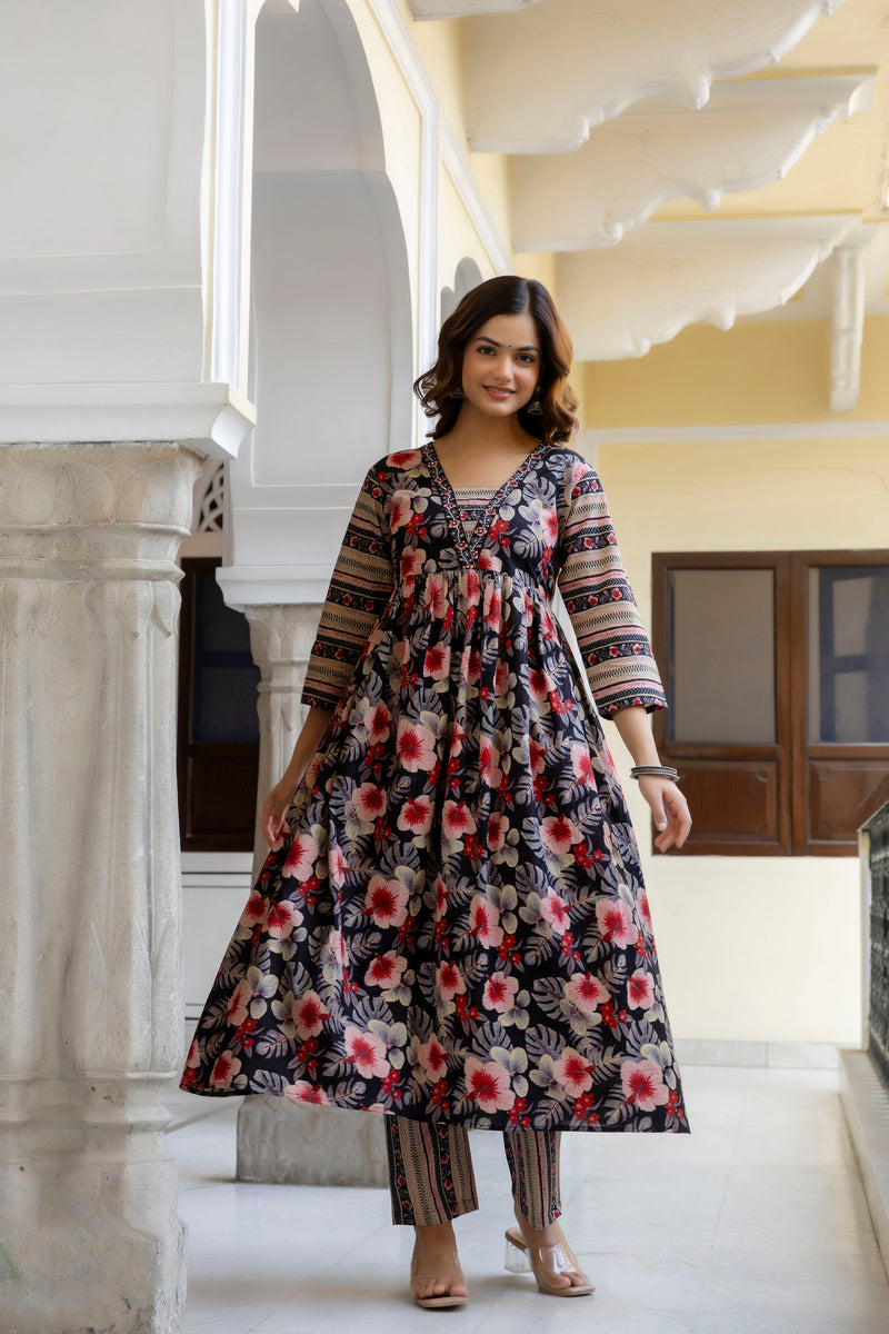 EthniFlair Floral Printed Empire Kurta with Trousers & Dupatta
