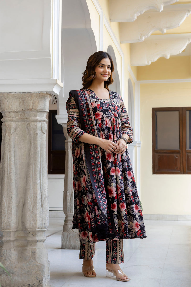EthniFlair Floral Printed Empire Kurta with Trousers & Dupatta