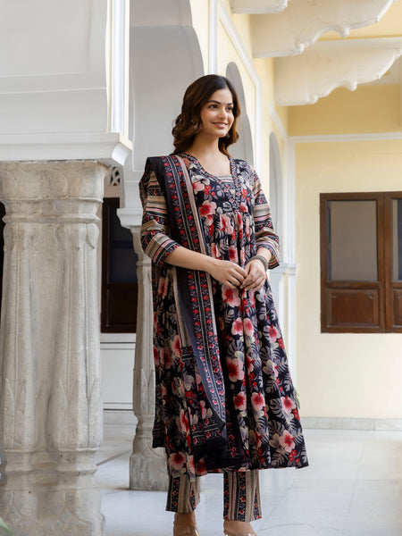EthniFlair Floral Printed Empire Kurta with Trousers & Dupatta