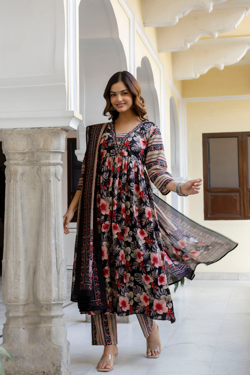 EthniFlair Floral Printed Empire Kurta with Trousers & Dupatta