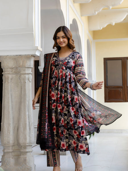 EthniFlair Floral Printed Empire Kurta with Trousers & Dupatta