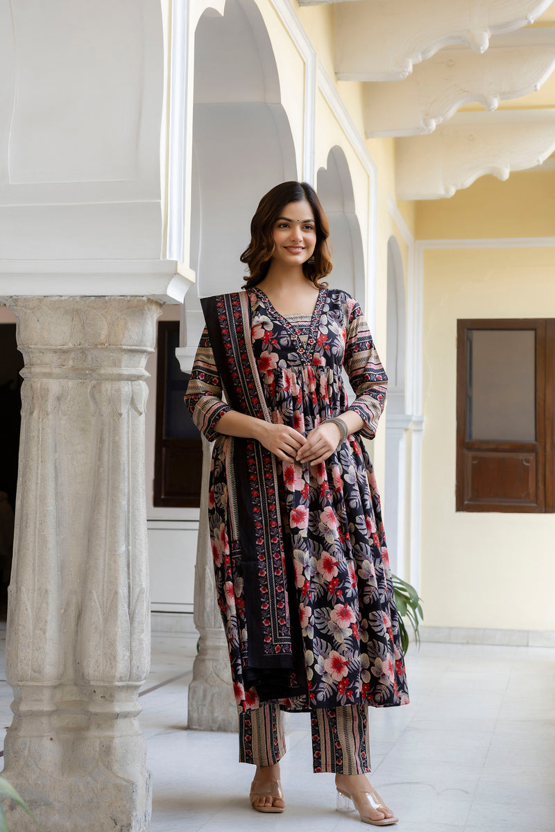 EthniFlair Floral Printed Empire Kurta with Trousers & Dupatta