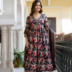 EthniFlair Floral Printed Empire Kurta with Trousers & Dupatta
