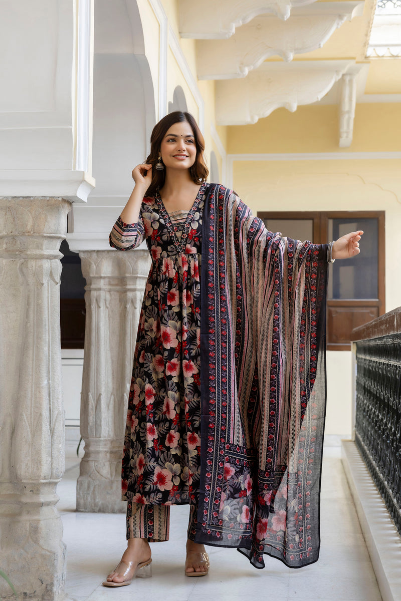 EthniFlair Floral Printed Empire Kurta with Trousers & Dupatta
