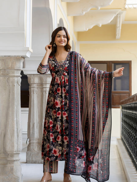 EthniFlair Floral Printed Empire Kurta with Trousers & Dupatta