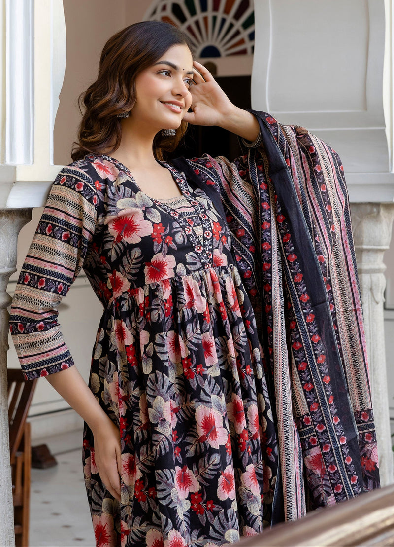 EthniFlair Floral Printed Empire Kurta with Trousers & Dupatta