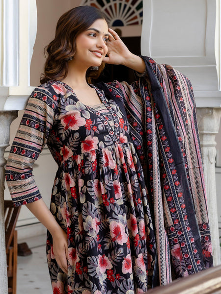 EthniFlair Floral Printed Empire Kurta with Trousers & Dupatta