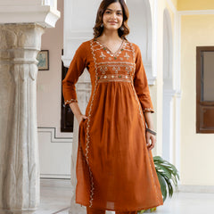 EthniFlair Ethnic Motifs Embroidered Pleated Aari Work Kurta Set