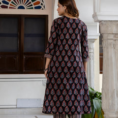 EthniFlair Floral Printed V-Neck A-Line Kurta With Trousers & Dupatta