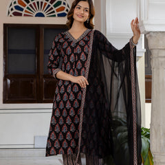 EthniFlair Floral Printed V-Neck A-Line Kurta With Trousers & Dupatta