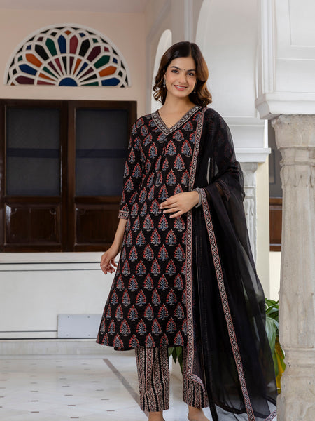 EthniFlair Floral Printed V-Neck A-Line Kurta With Trousers & Dupatta
