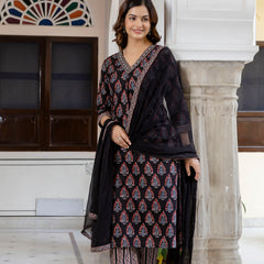 EthniFlair Floral Printed V-Neck A-Line Kurta With Trousers & Dupatta