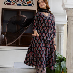 EthniFlair Floral Printed V-Neck A-Line Kurta With Trousers & Dupatta