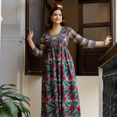 EthniFlair Floral Printed Empire Kurta with Trousers & Dupatta