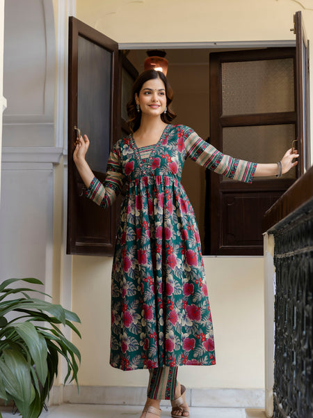 EthniFlair Floral Printed Empire Kurta with Trousers & Dupatta