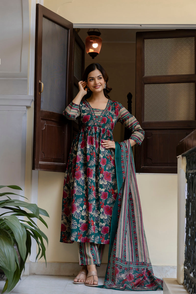 EthniFlair Floral Printed Empire Kurta with Trousers & Dupatta