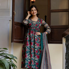 EthniFlair Floral Printed Empire Kurta with Trousers & Dupatta