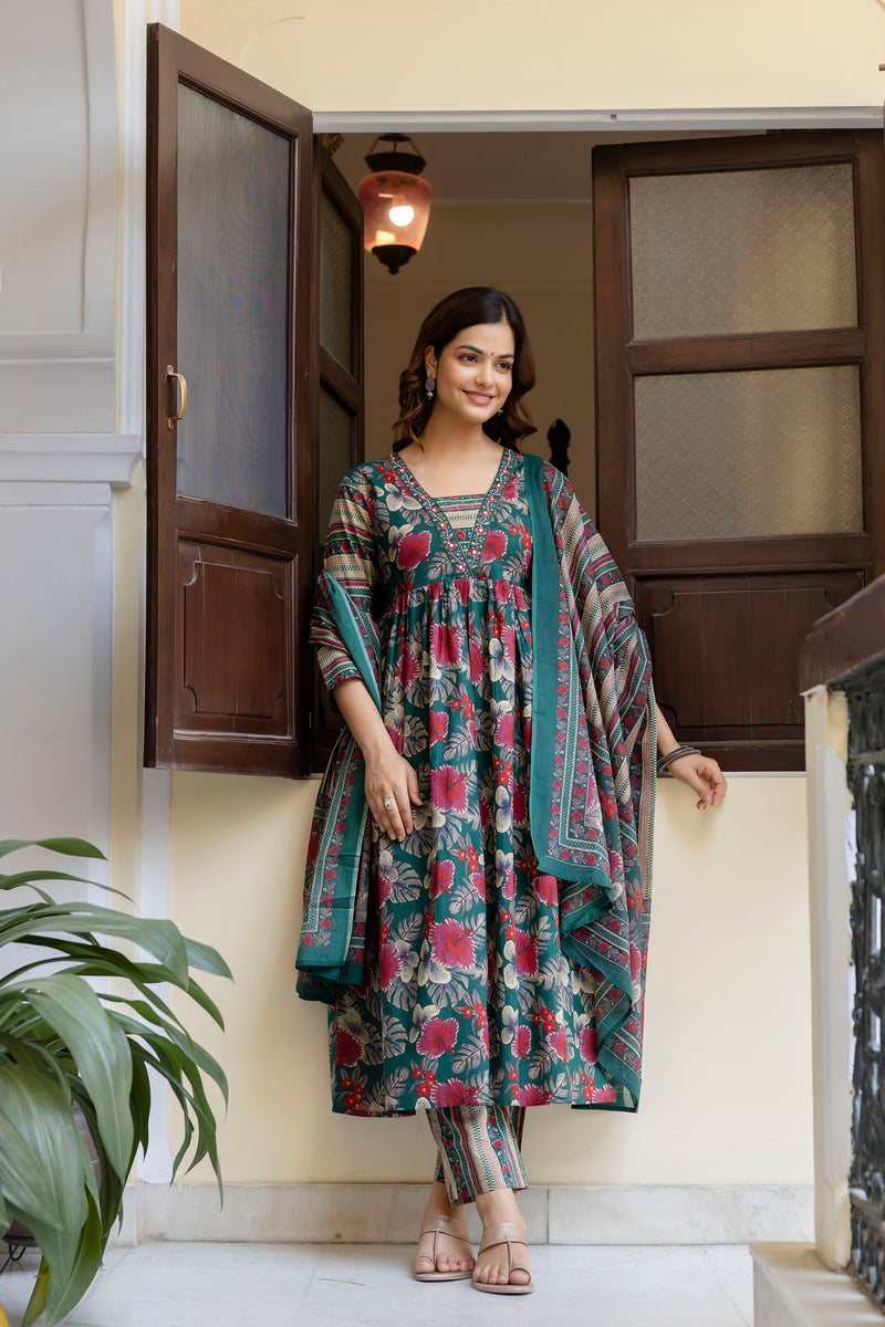 EthniFlair Floral Printed Empire Kurta with Trousers & Dupatta