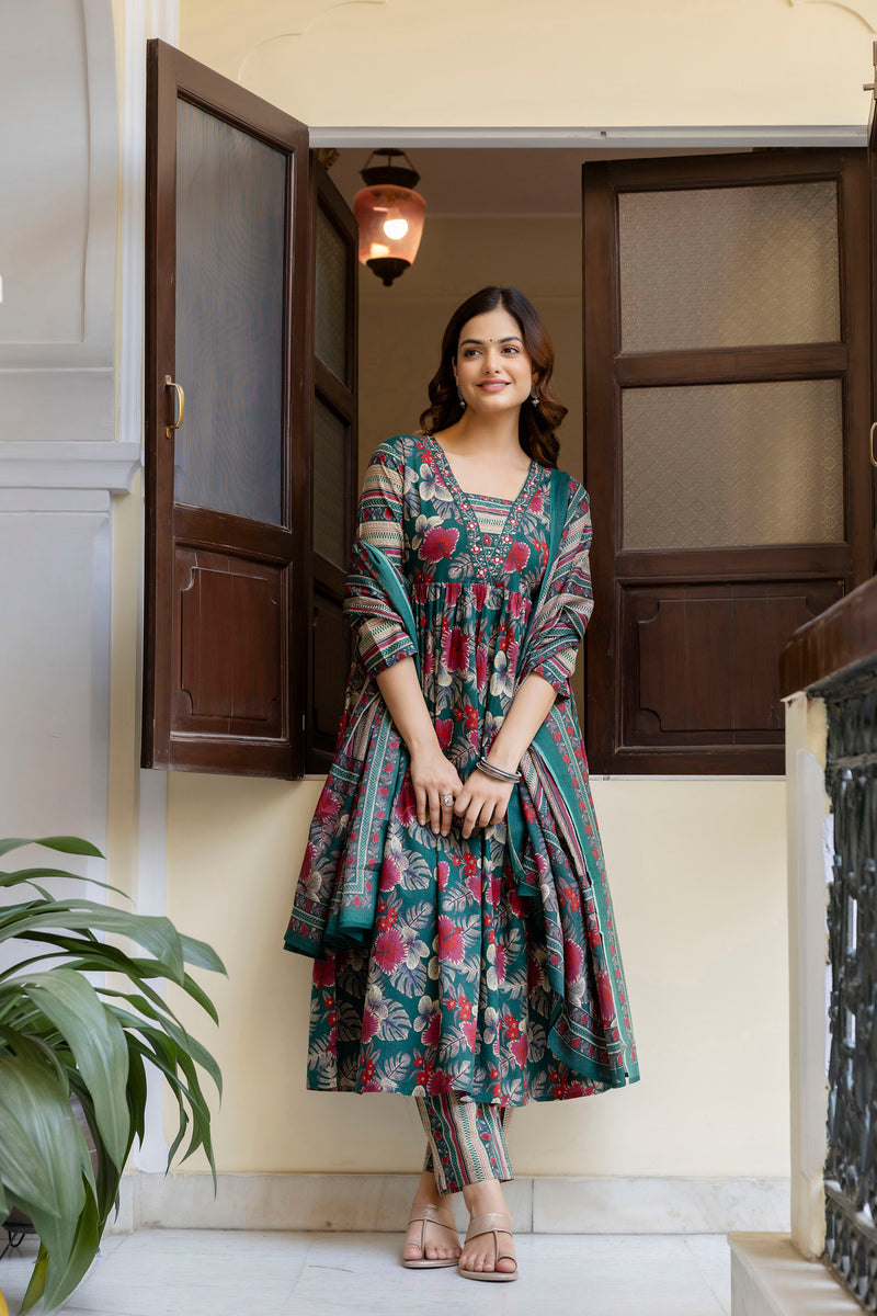 EthniFlair Floral Printed Empire Kurta with Trousers & Dupatta