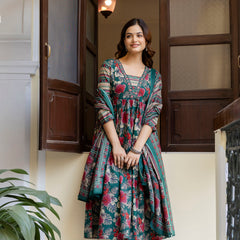 EthniFlair Floral Printed Empire Kurta with Trousers & Dupatta