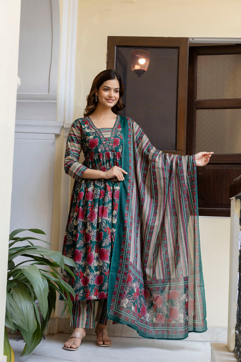 EthniFlair Floral Printed Empire Kurta with Trousers & Dupatta