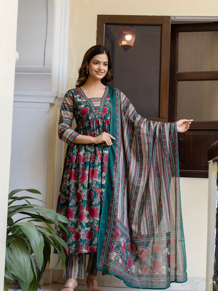 EthniFlair Floral Printed Empire Kurta with Trousers & Dupatta
