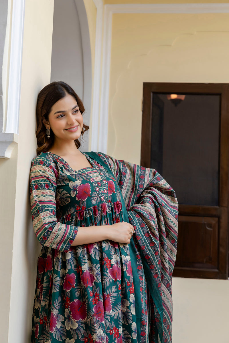 EthniFlair Floral Printed Empire Kurta with Trousers & Dupatta