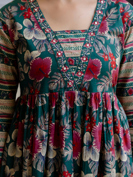 EthniFlair Floral Printed Empire Kurta with Trousers & Dupatta