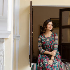 EthniFlair Floral Printed Empire Kurta with Trousers & Dupatta