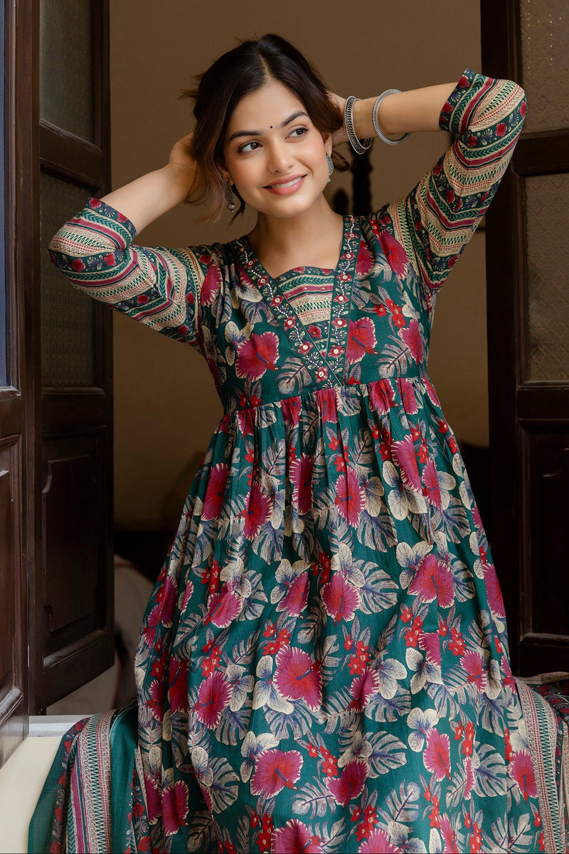 EthniFlair Floral Printed Empire Kurta with Trousers & Dupatta